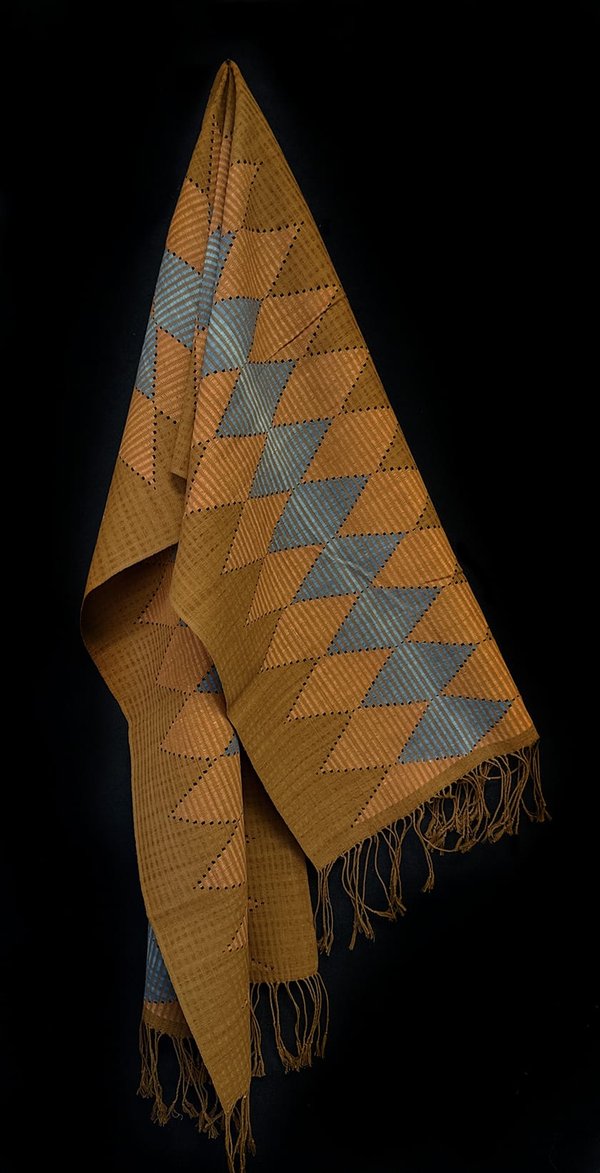 Tenun Gringsing Double Ikat Wall Hanging, Saffron & Blue Diamond – Tenganan Bali