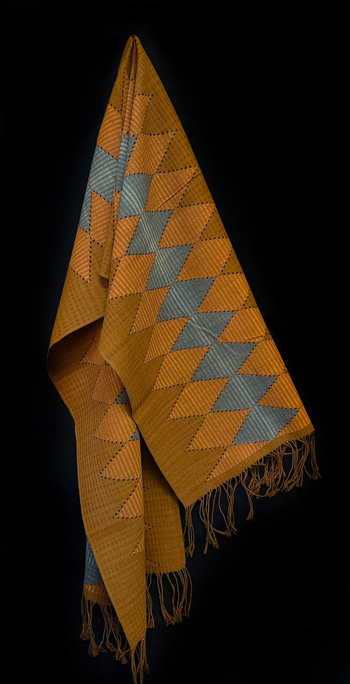 Tenun Gringsing Double Ikat Wall Hanging, Saffron & Blue Diamond – Tenganan Bali