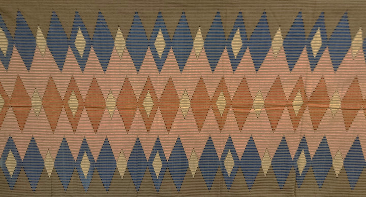 Tenun Gringsing Double Ikat Wall Hanging, Taupe, Blue & Terracotta Diamond – Tenganan Bali Tenun Gringsing Ikat, Taupe Blue & Terracotta Diamond – Artistic Artifacts