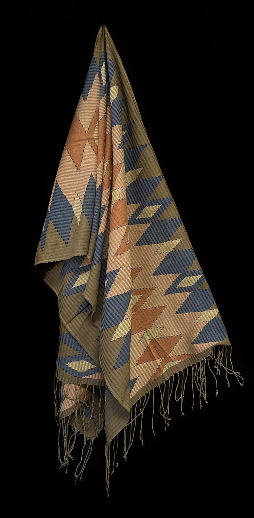 Tenun Gringsing Double Ikat Wall Hanging, Taupe, Blue & Terracotta Diamond – Tenganan Bali Tenun Gringsing Ikat, Taupe Blue & Terracotta Diamond – Artistic Artifacts