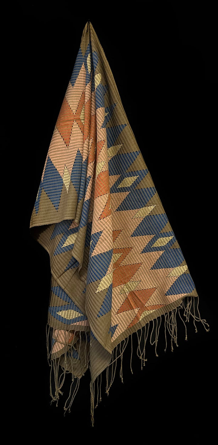 Tenun Gringsing Double Ikat Wall Hanging, Taupe, Blue & Terracotta Diamond – Tenganan Bali Tenun Gringsing Ikat, Taupe Blue & Terracotta Diamond – Artistic Artifacts