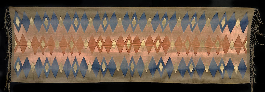 Tenun Gringsing Double Ikat Wall Hanging, Taupe, Blue & Terracotta Diamond – Tenganan Bali Tenun Gringsing Ikat, Taupe Blue & Terracotta Diamond – Artistic Artifacts