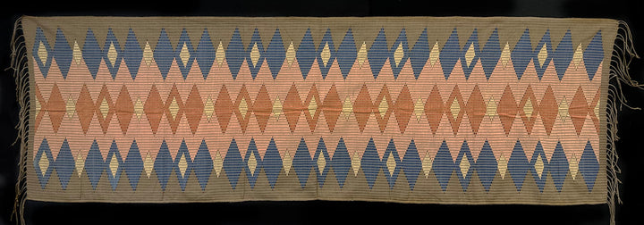 Tenun Gringsing Double Ikat Wall Hanging, Taupe, Blue & Terracotta Diamond – Tenganan Bali Tenun Gringsing Ikat, Taupe Blue & Terracotta Diamond – Artistic Artifacts