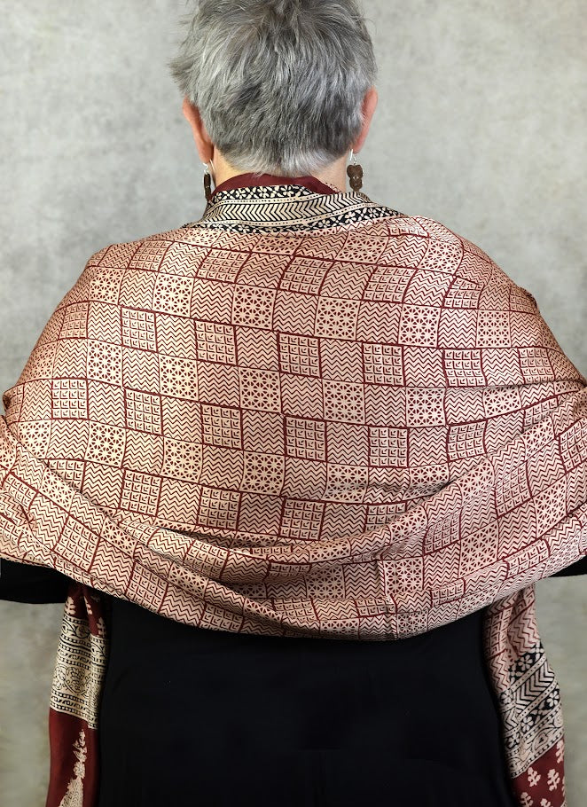 Silk Bagh Print Fabric , Red with Rust & Black