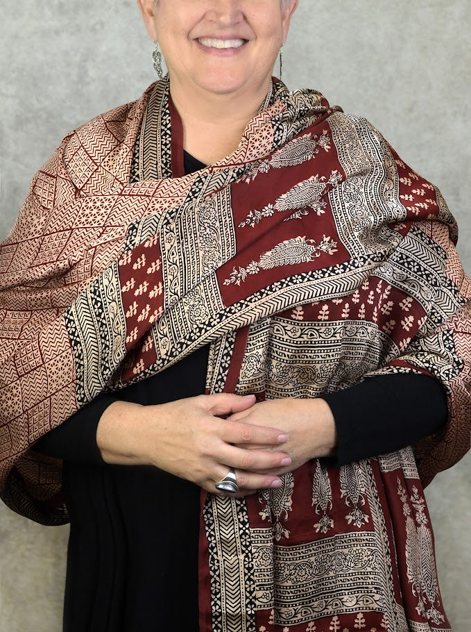 Silk Bagh Print Fabric , Red with Rust & Black