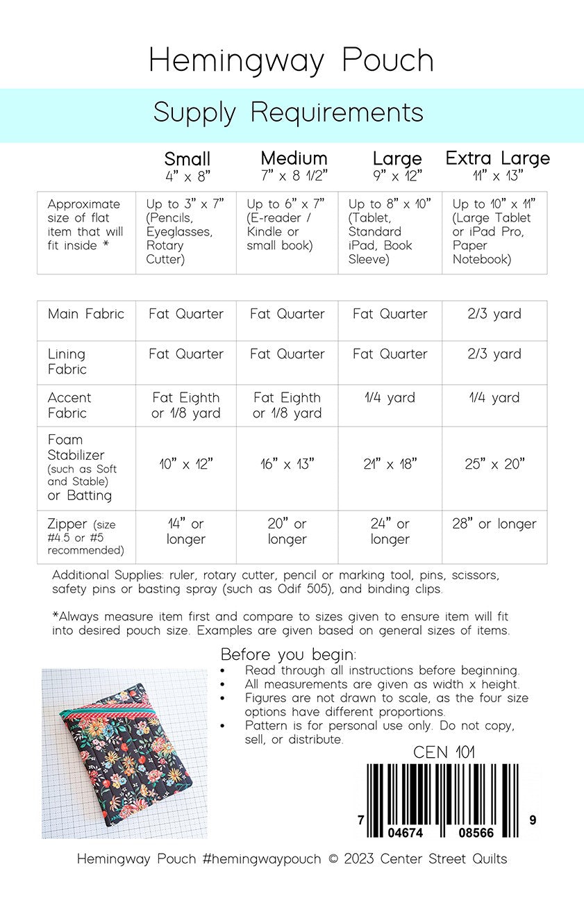 Hemingway Pouch Supply Requirements for Small to XL
