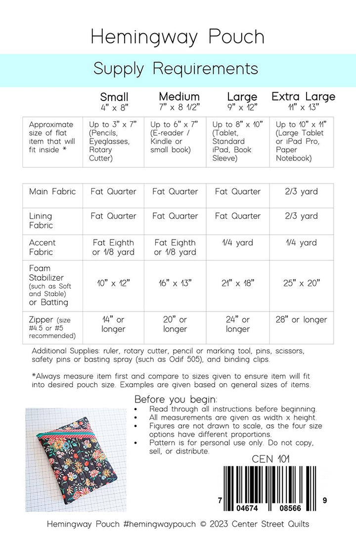 Hemingway Pouch Supply Requirements for Small to XL