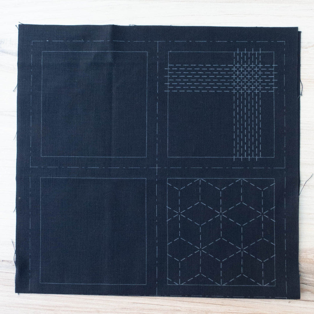Hidamari Sashiko Preprinted Coaster Fabric, 4 Patterns in Navy Hidamari Sashiko Preprinted Coaster Fabric, 4 Patterns in Navy