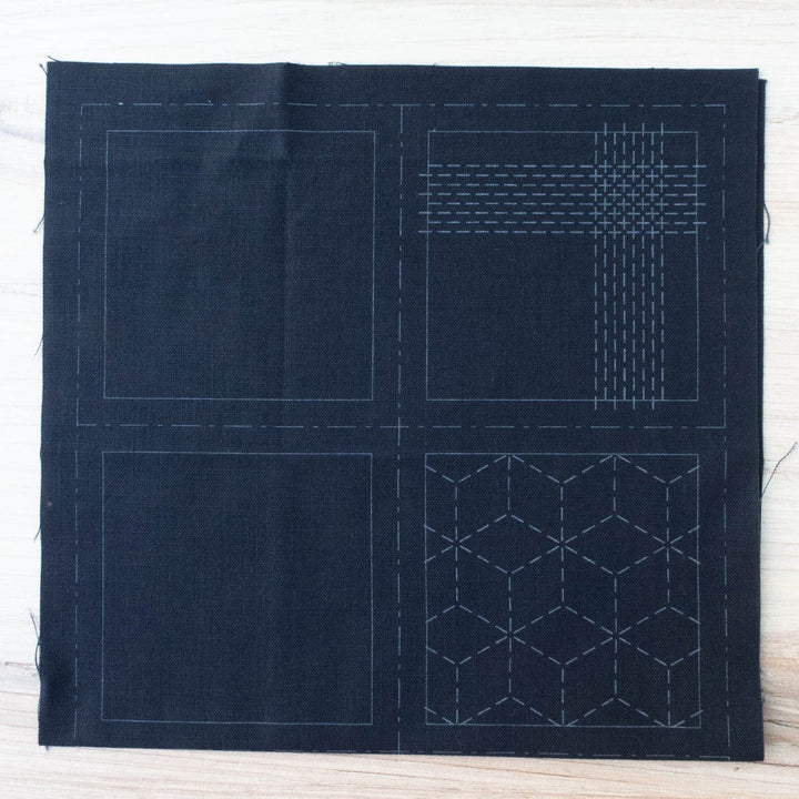 Hidamari Sashiko Preprinted Coaster Fabric, 4 Patterns in Navy Hidamari Sashiko Preprinted Coaster Fabric, 4 Patterns in Navy