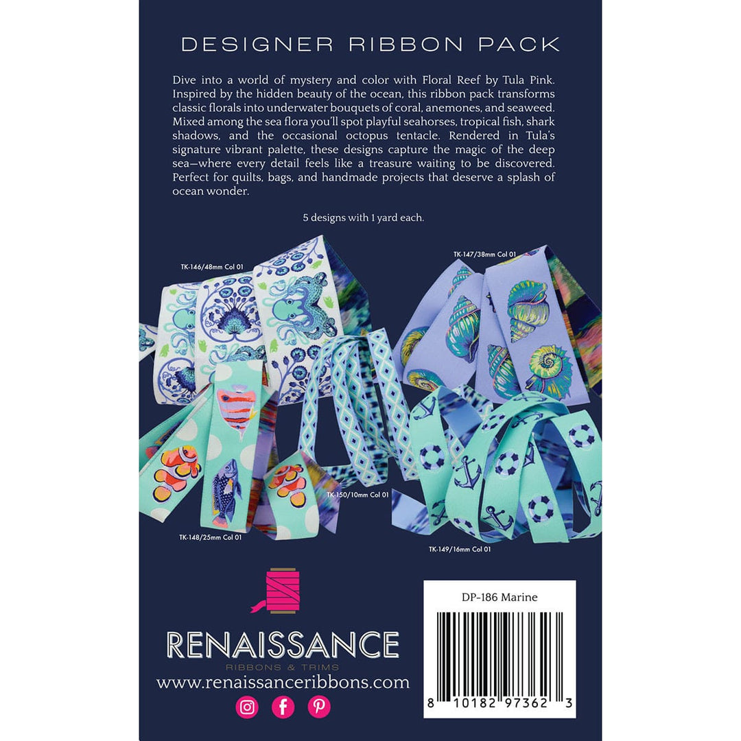 Tula Pink Floral Reef Designer Ribbon Pack, Marine