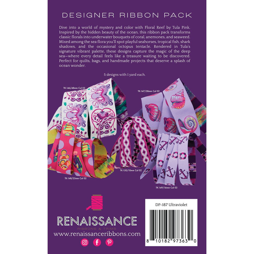 Tula Pink Floral Reef Designer Ribbon Pack, Ultraviolet