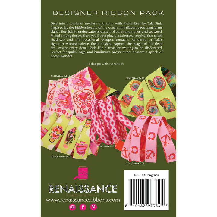 Tula Pink Floral Reef Designer Ribbon Pack, Seagrass