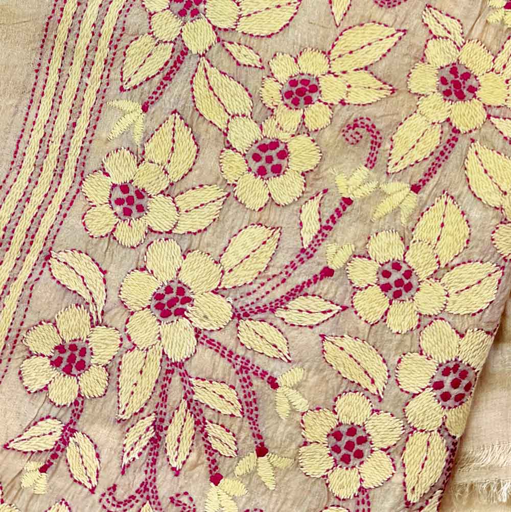 Kantha Stitched Silk Fabric, Champagne Floral – Ivory & Raspberry, Hand Stitched in India Kantha Silk, Champagne Floral Ivory & Raspberry – Artistic Artifacts