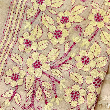 Kantha Stitched Silk Fabric, Champagne Floral – Ivory & Raspberry, Hand Stitched in India Kantha Silk, Champagne Floral Ivory & Raspberry – Artistic Artifacts