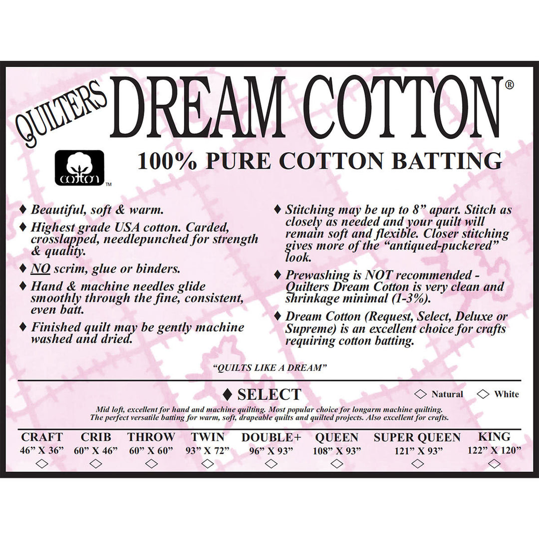 Dream Cotton 100% pure cotton batting label with size options.