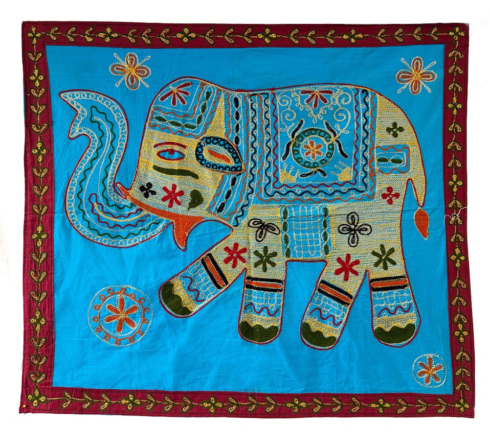 Indian Chain-stitched Wall Hanging, Blue Elephant