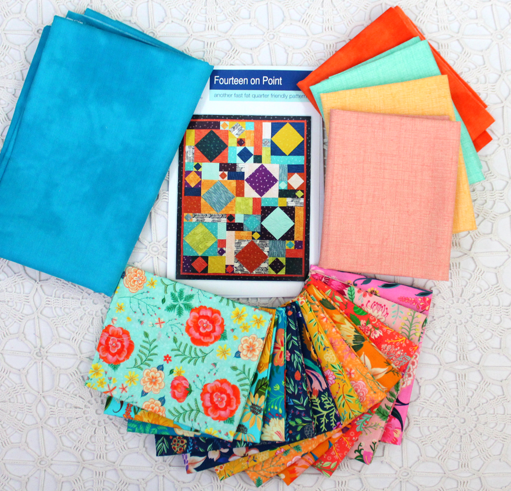 Fourteen On Point Quilt Kit with Faraway Florals (Blue/Orange)