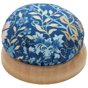 Blue Floral Fabric Pincushion with Wood Base Blue Floral Fabric Pincushion with Wood Base