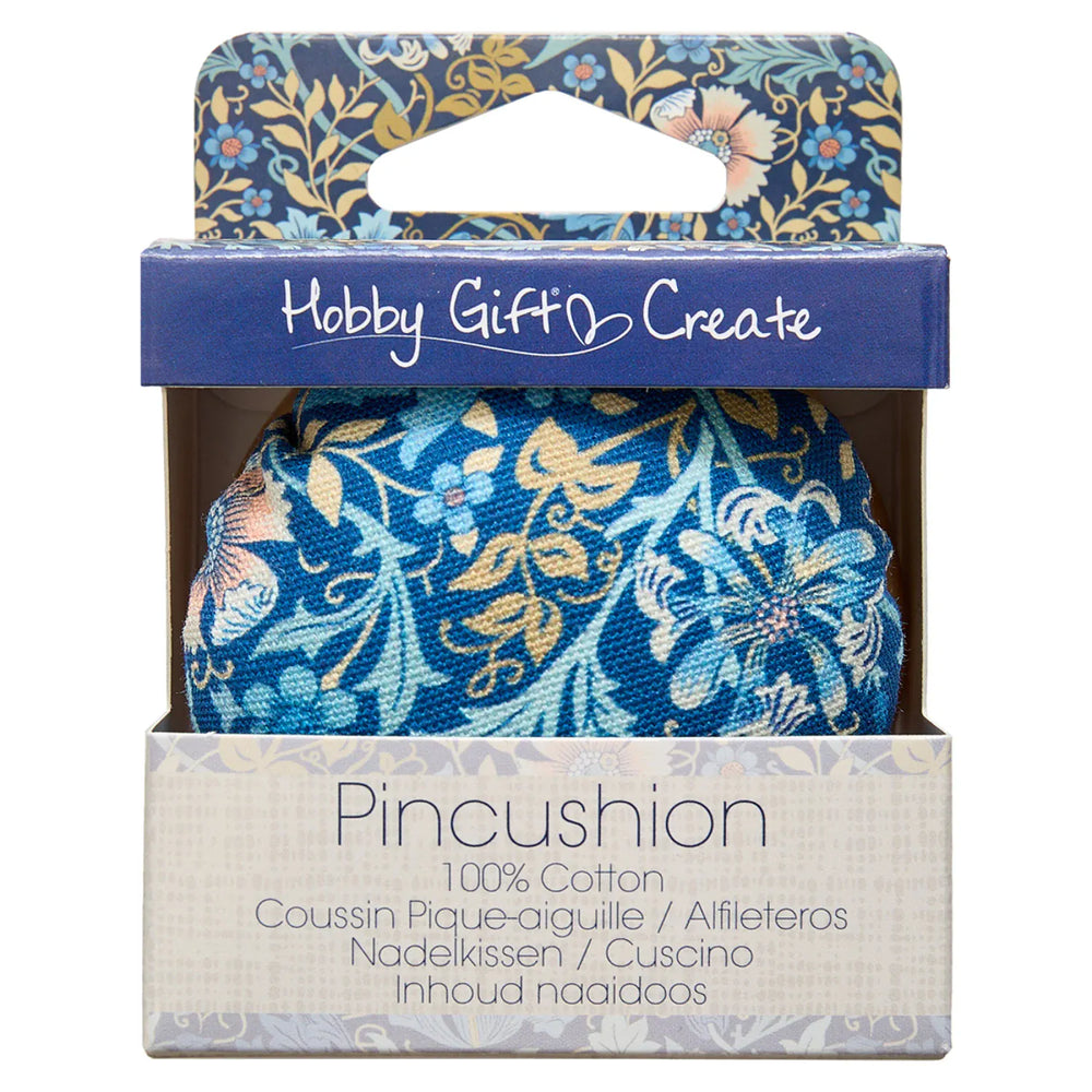 Blue Floral Fabric Pincushion with Wood Base Blue Floral Fabric Pincushion with Wood Base