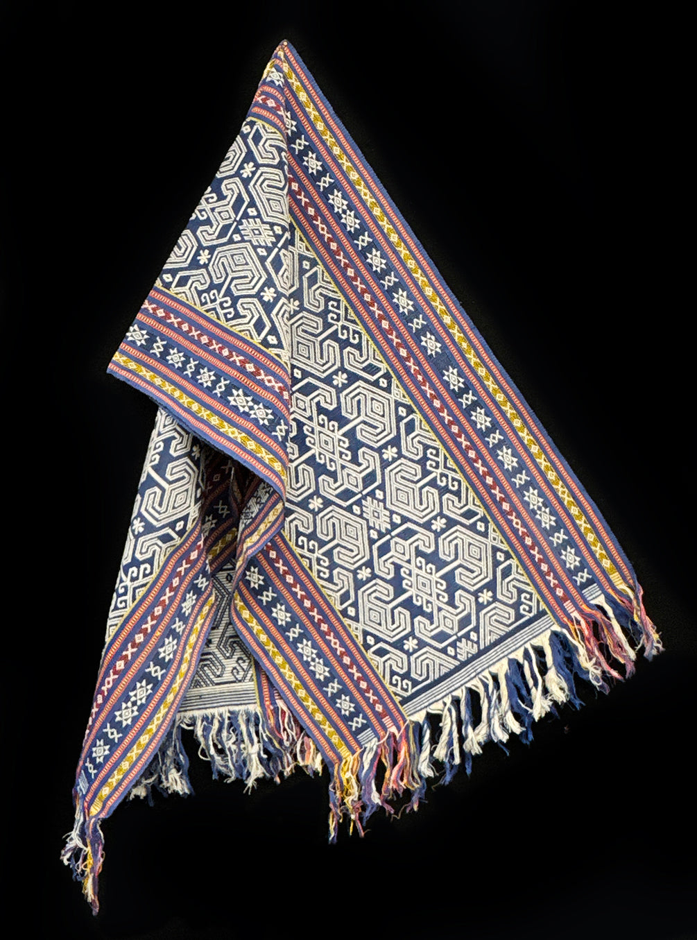 Handwoven IKAT Shawl Sumba Indonesia Navy Scroll Fringe
