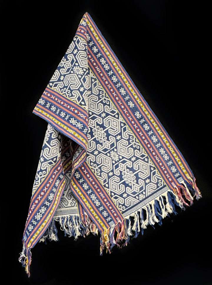 Handwoven IKAT Shawl Sumba Indonesia Navy Scroll Fringe