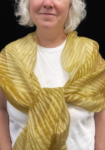 Silk Batik Scarf, Golden Yellow Shibori Silk Batik Scarf, Golden Yellow & Brown – Artistic Artifacts