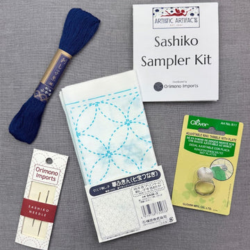 Embroidery kit with blue thread, needles, and pattern.