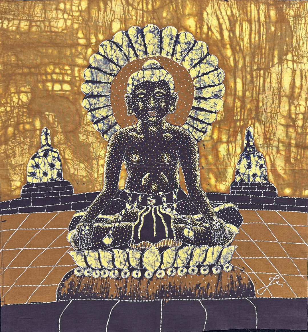 Batik Panel - Monk on Yellow, Medium, 19x17in Batik Panel – Meditating Monk on Yellow | Artistic Artifacts