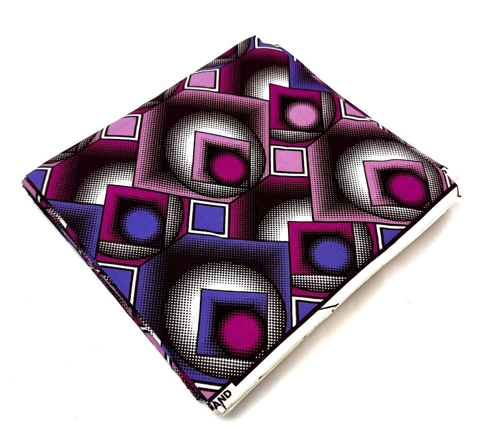 Square fabric with geometric purple and pink pattern.