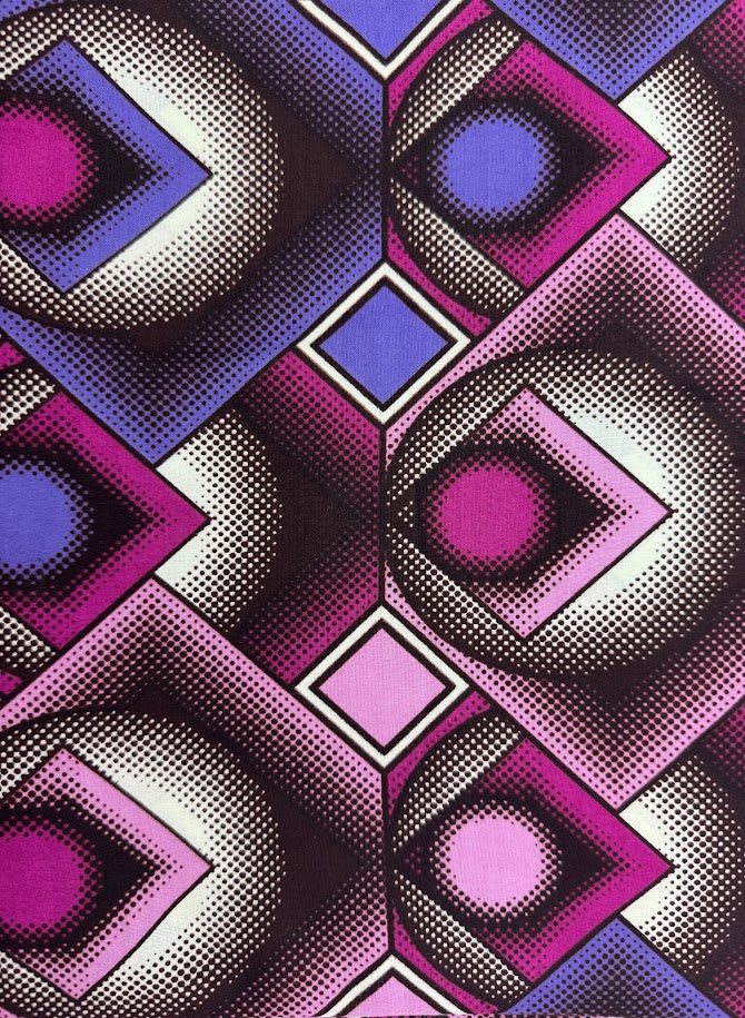 Geometric pattern with circles, diamonds, and shades of purple.