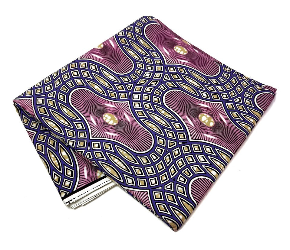 Folded purple patterned fabric.