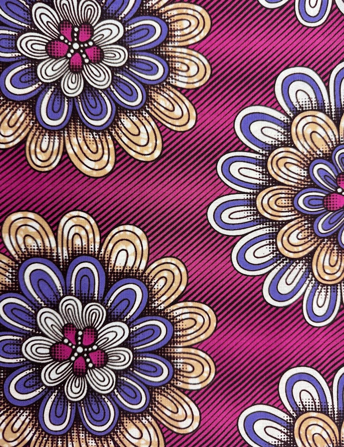 Pink fabric with repeating floral pattern.