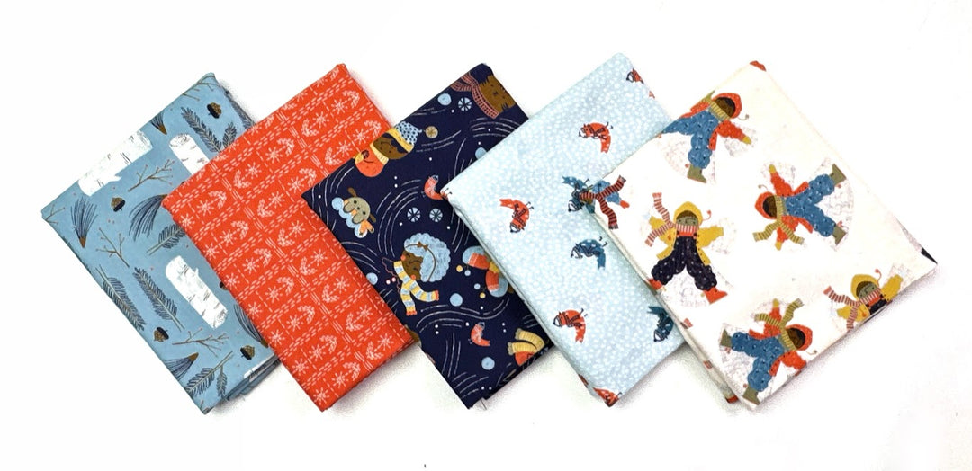 Five patterned fabric squares.