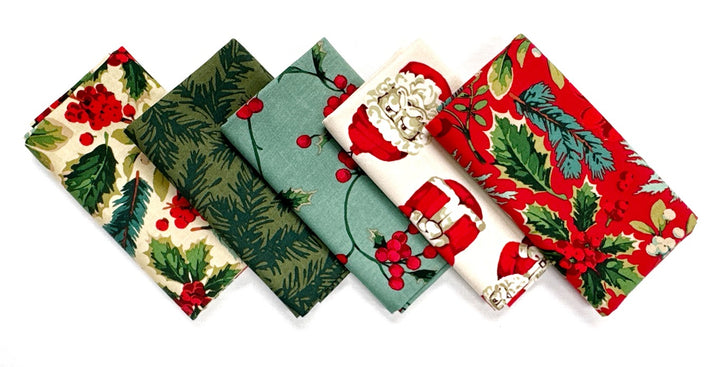 Christmas-themed fabric napkins with various patterns.