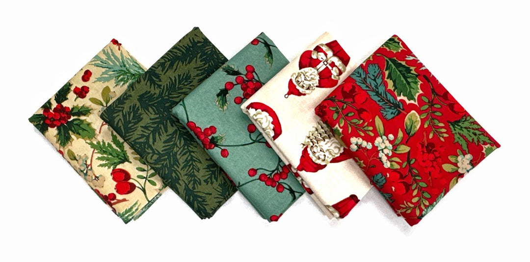 Five Christmas-themed fabric squares with festive patterns.