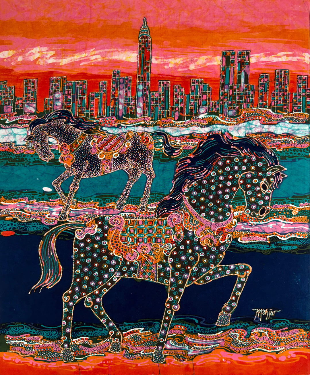 Batik Fabric Panel by Mahyar, 2 Horses by City in Pink (medium) KIT