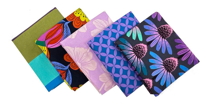 Colorful fabric squares with floral patterns