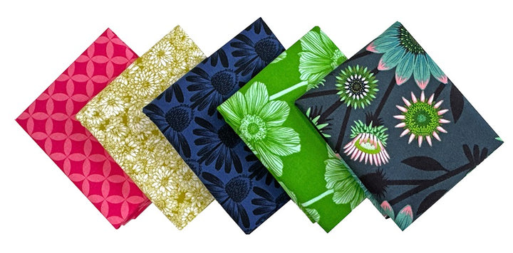 Six colorful fabric squares with floral patterns.