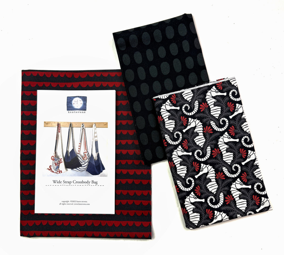 Fabrics with patterns and a bag design.