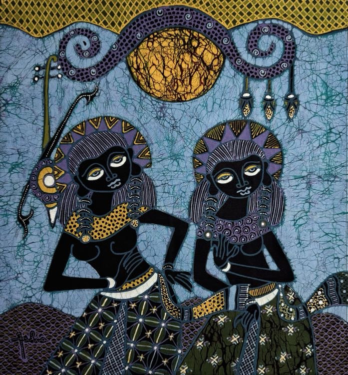 Batik Panel by Jaka, Two Woman Dancing, on Blue