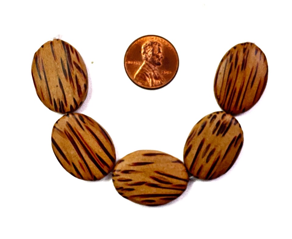 Palm Wood Oval Striped Beads, String of 5