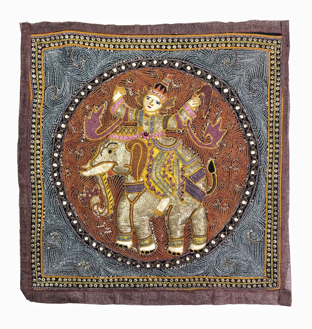 Traditional Burmese Kalaga Shwe Chi Doe Gold Thread Embroidery Antique Burmese Kalaga Panel, Gold Thread – Artistic Artifacts