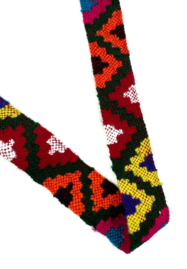 Colorful woven fabric with geometric pattern.