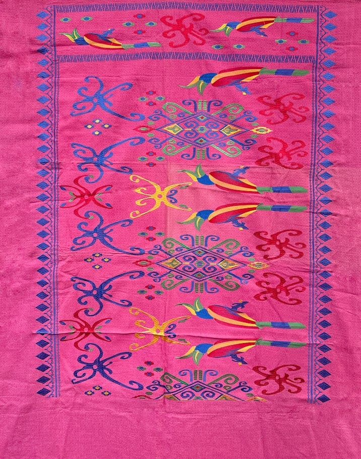 Handwoven and Embroidered Ikat Fabric from Indonesia - Birds, Pink 72 x 47in Handwoven and Embroidered Ikat Fabric from Indonesia - Birds, Pink 72 x 47in