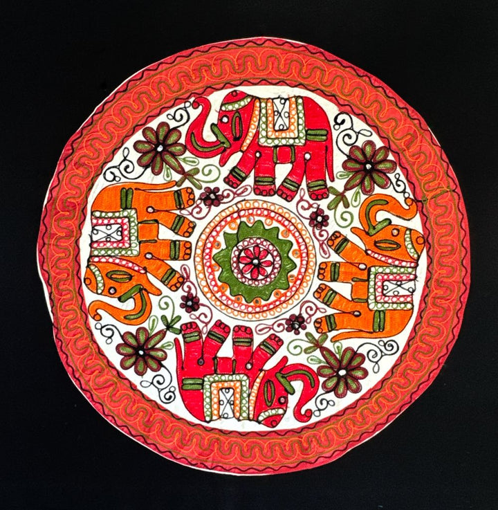 Indian Chain-stitched Wall Hanging, Red Elephant