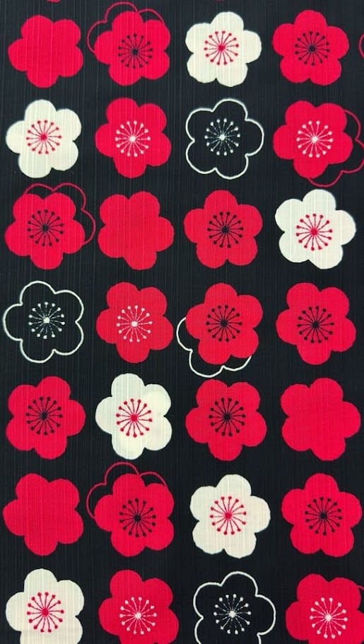 Sevenberry Japanese Shantung Fabric - Plum Blossom, Red/White/Black Sevenberry Japanese Shantung Fabric - Plum Blossom, Red/White/Black