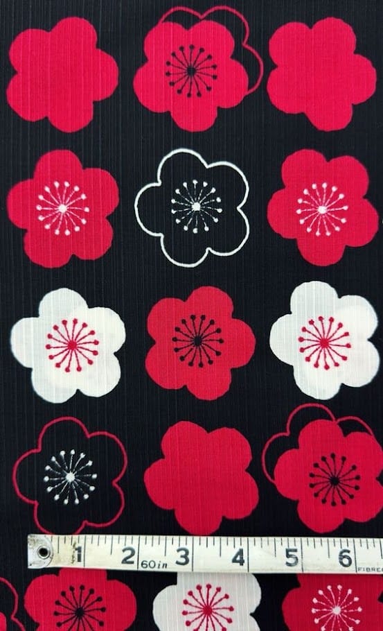 Sevenberry Japanese Shantung Fabric - Plum Blossom, Red/White/Black Sevenberry Japanese Shantung Fabric - Plum Blossom, Red/White/Black