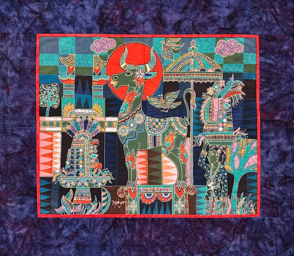 Batik Panel - Offering to Mythical Animals, Large, 25 x 28in Batik Panel - Offering to Mythical Animals, Large, 25 x 28in