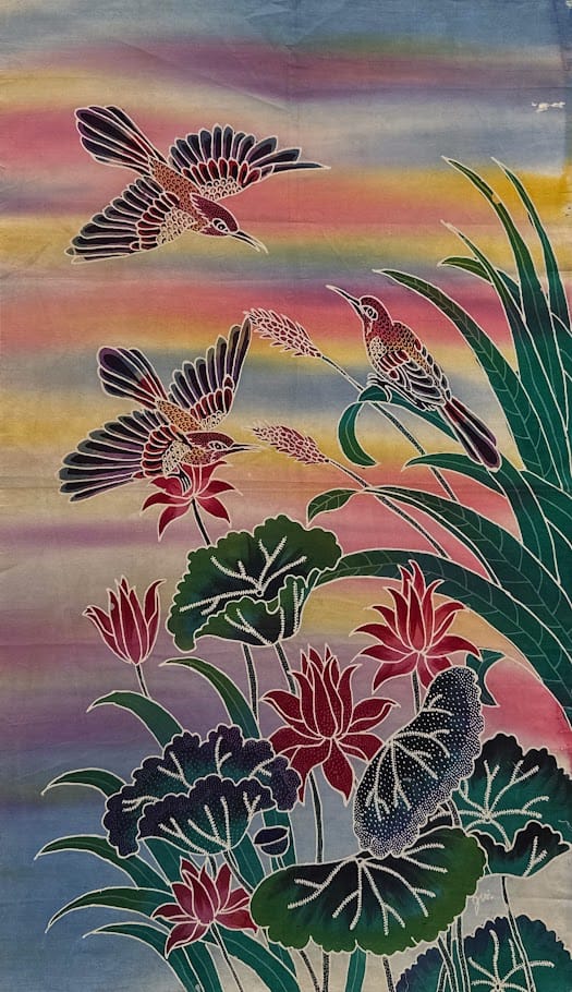 Batik Panel - Birds and Flowers on Rainbow, Long, 29 3/4 x 17in Batik Panel - Birds and Flowers on Rainbow, Long, 29 3/4 x 17in