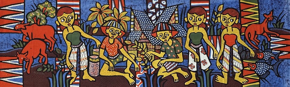 Batik Panel - Group of Girls and Cats, Large, 17 x 58in Batik Panel - Group of Girls and Cats, Large, 17 x 58in